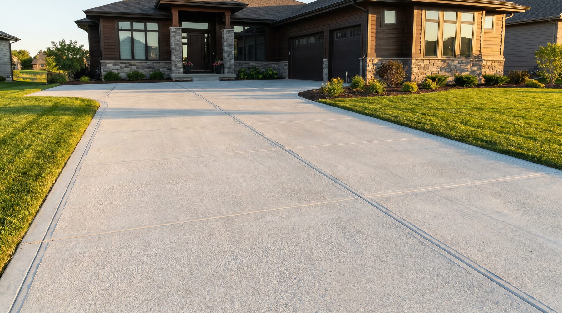 Newly poured residential concrete driveway with broom finish