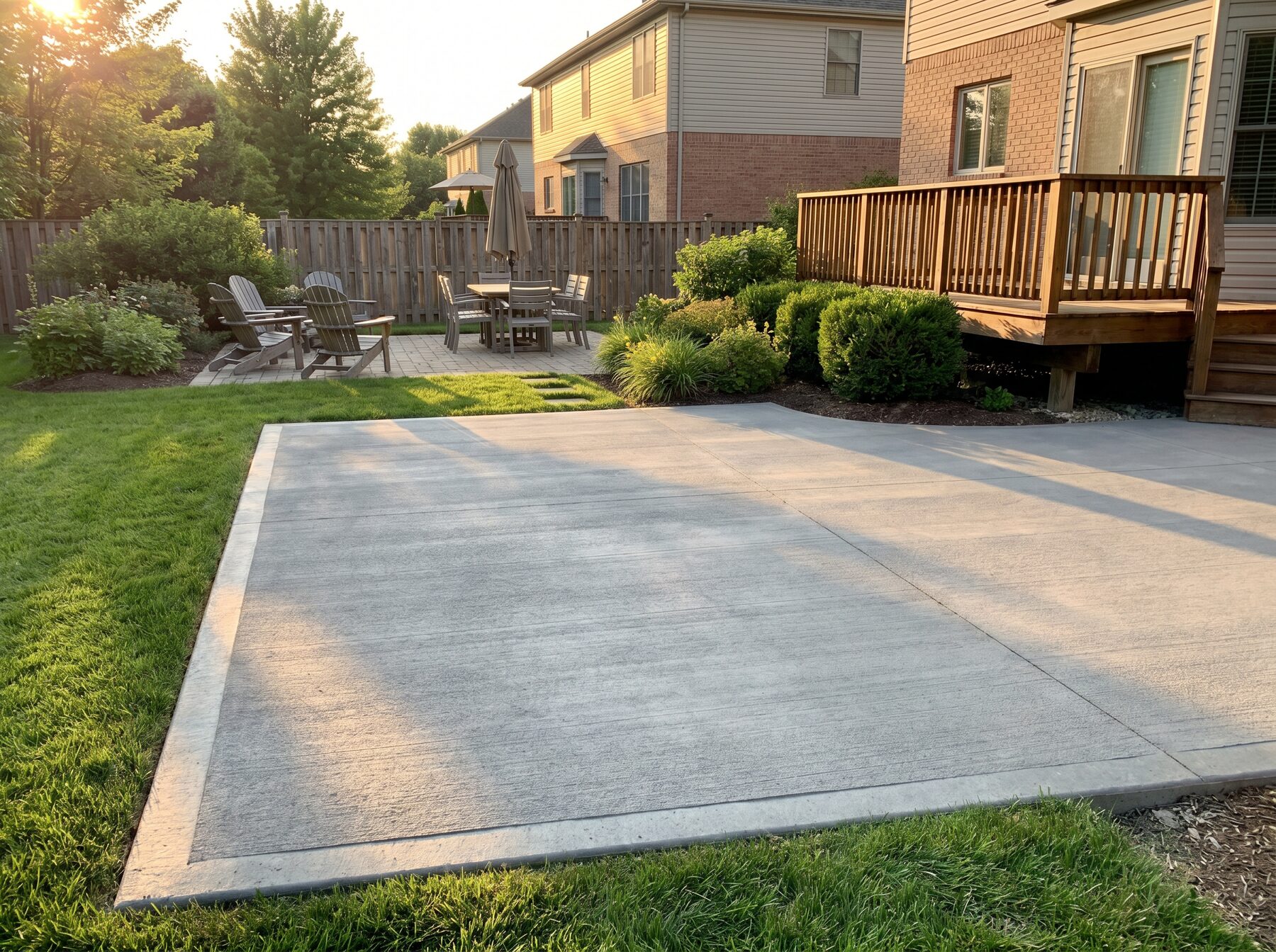 Backyard concrete patio with broom finish