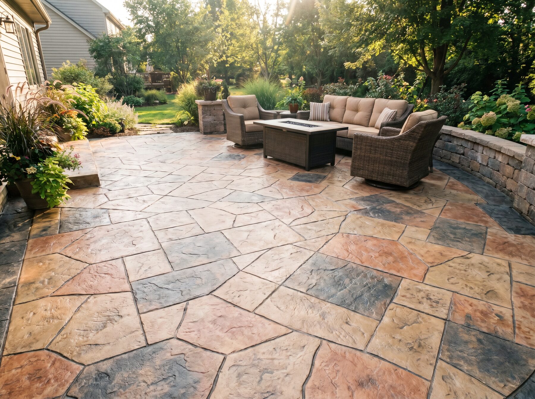 Stamped concrete patio with stone pattern
