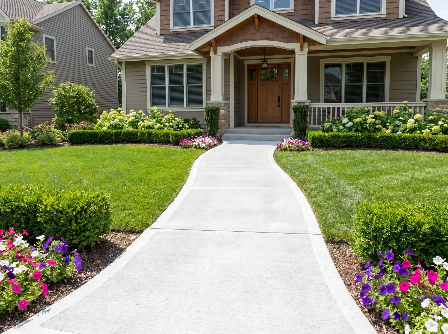 Curved concrete walkway leading to home entrance