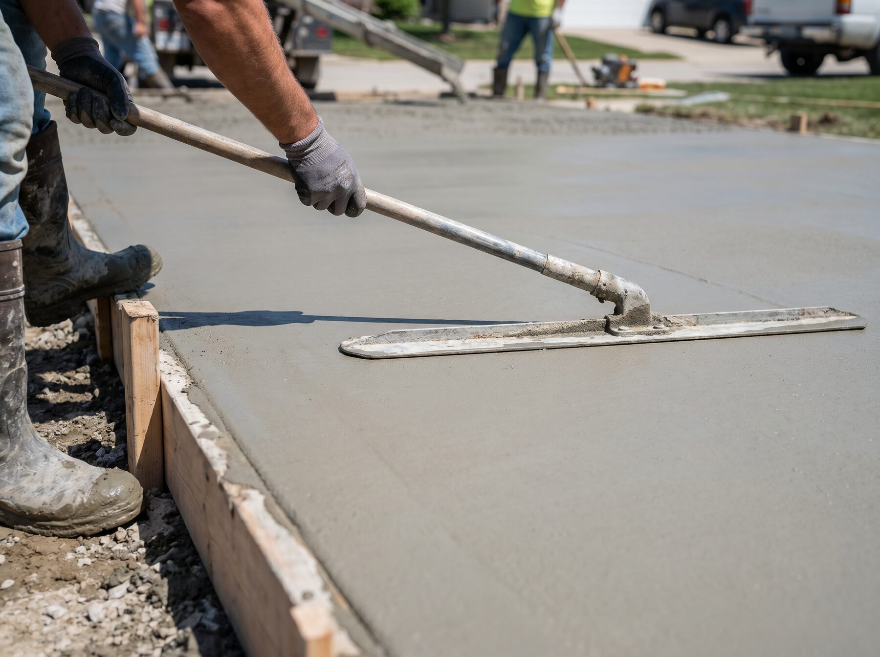 Concrete contractor finishing fresh concrete with a bull float